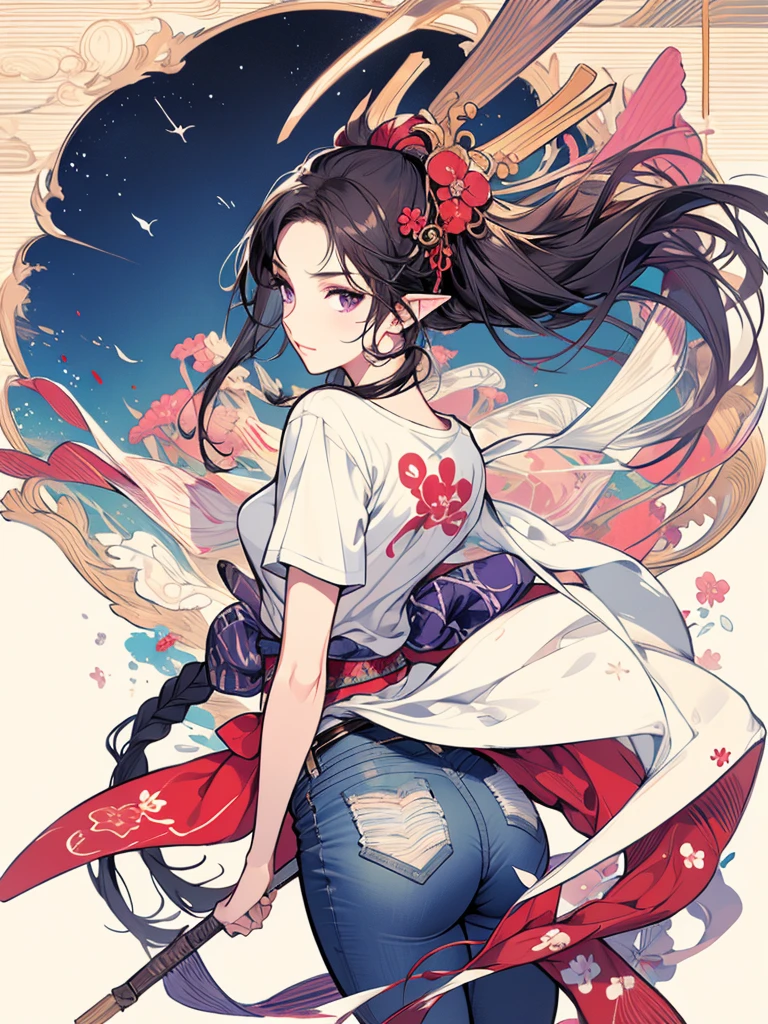 masterpiece, Highest quality, One girl, Super detailed, Ultra-high resolution, Distinct facial features, Anatomically correct, pretty girl, Long pointy ears, Fairy, Nice face, Black Hair, Purple Eyes, full body, White T-shirt, jeans, Ukiyo-e,