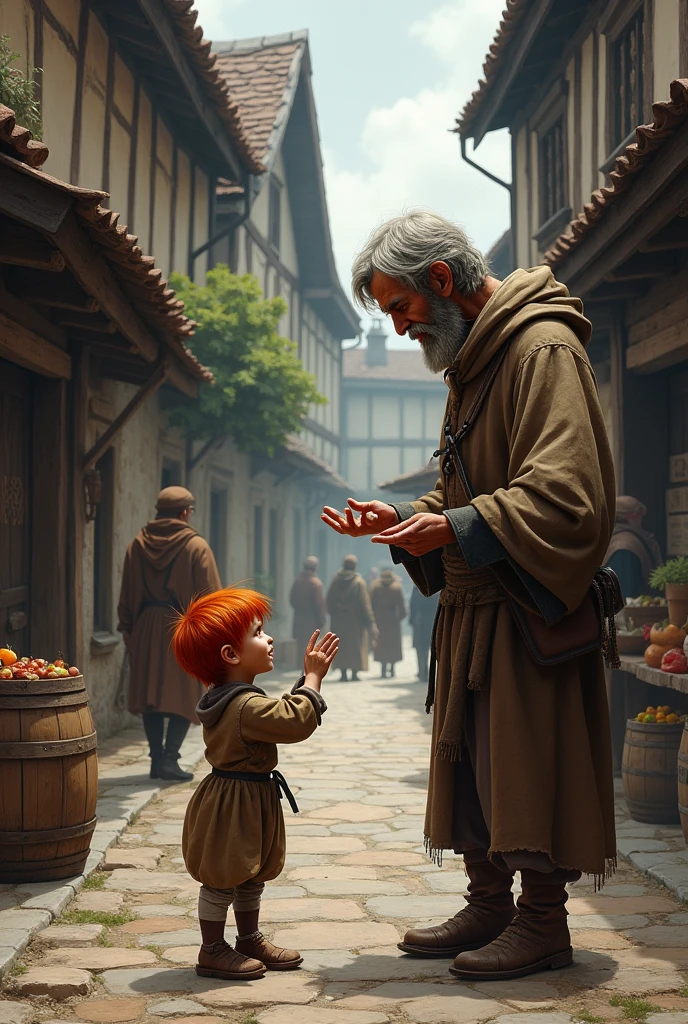 A red-haired child asking a man for food, on the street of a medieval town 