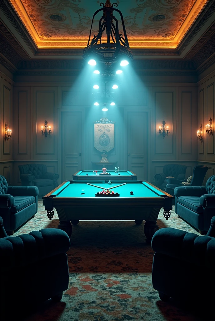 Create a game room. With a giant space. With two pool tables, with the cue and the pool balls. Three black armchairs. With drinks and bottles of drinks. With two bottles on top of the pool table. With light cigarette smoke in the air. Cool lighting. With stylish decoration. 
