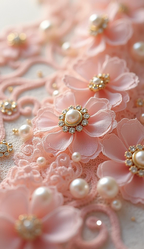 Create an exquisite, vintage-inspired design that seamlessly blends the refined elegance of Victorian charm with the soft, romantic essence of Shabby Chic style. Envision a delicate, light pink and gold color palette, intricately adorned with elegant lace, luminous pearls, and sparkling diamonds. The overall aesthetic should exude a sense of sophisticated luxury, as if plucked from a bygone era of opulence and refinement. Incorporate ornate details, subtle textures, and delicate patterns to create a visually stunning composition that embodies the perfect union of old-world charm and modern sensibility.