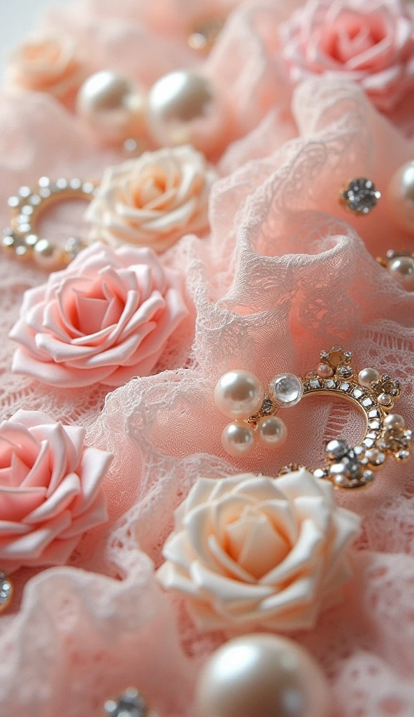 Create an exquisite, vintage-inspired design that seamlessly blends the refined elegance of Victorian charm with the soft, romantic essence of Shabby Chic style. Envision a delicate, light pink and gold color palette, intricately adorned with elegant lace, luminous pearls, and sparkling diamonds. The overall aesthetic should exude a sense of sophisticated luxury, as if plucked from a bygone era of opulence and refinement. Incorporate ornate details, subtle textures, and delicate patterns to create a visually stunning composition that embodies the perfect union of old-world charm and modern sensibility.