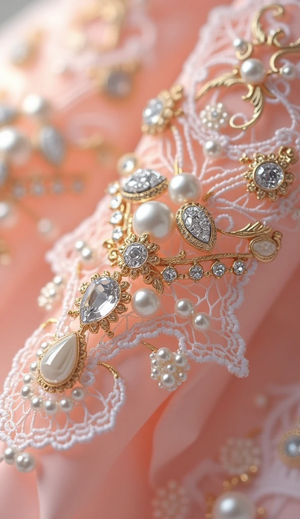 Create an exquisite, vintage-inspired design that seamlessly blends the refined elegance of Victorian charm with the soft, romantic essence of Shabby Chic style. Envision a delicate, light pink and gold color palette, intricately adorned with elegant lace, luminous pearls, and sparkling diamonds. The overall aesthetic should exude a sense of sophisticated luxury, as if plucked from a bygone era of opulence and refinement. Incorporate ornate details, subtle textures, and delicate patterns to create a visually stunning composition that embodies the perfect union of old-world charm and modern sensibility.