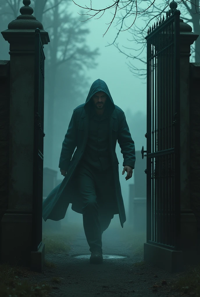 A final view of Anselmo fleeing the cemetery, with terror written all over his face. Ao fundo, Clara dissolves into darkness, their indistinct shapes among the rising mist. The cemetery gate is open, and beyond it, the sleeping city, oblivious to what just happened.