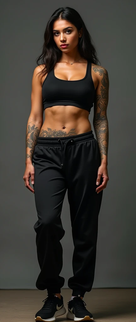 Very sexy woman age 33, Indian female, muscular arms and biceps, full of tattoos, full body length photo, looking straight at the camera, full body length shot, massive boobs 38D wearing Nike tracksuit, 4k HD.