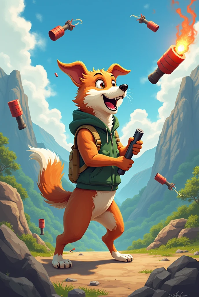 curli the dog of fernanfloo the YouTuber standing on two legs throwing bombs to Peru