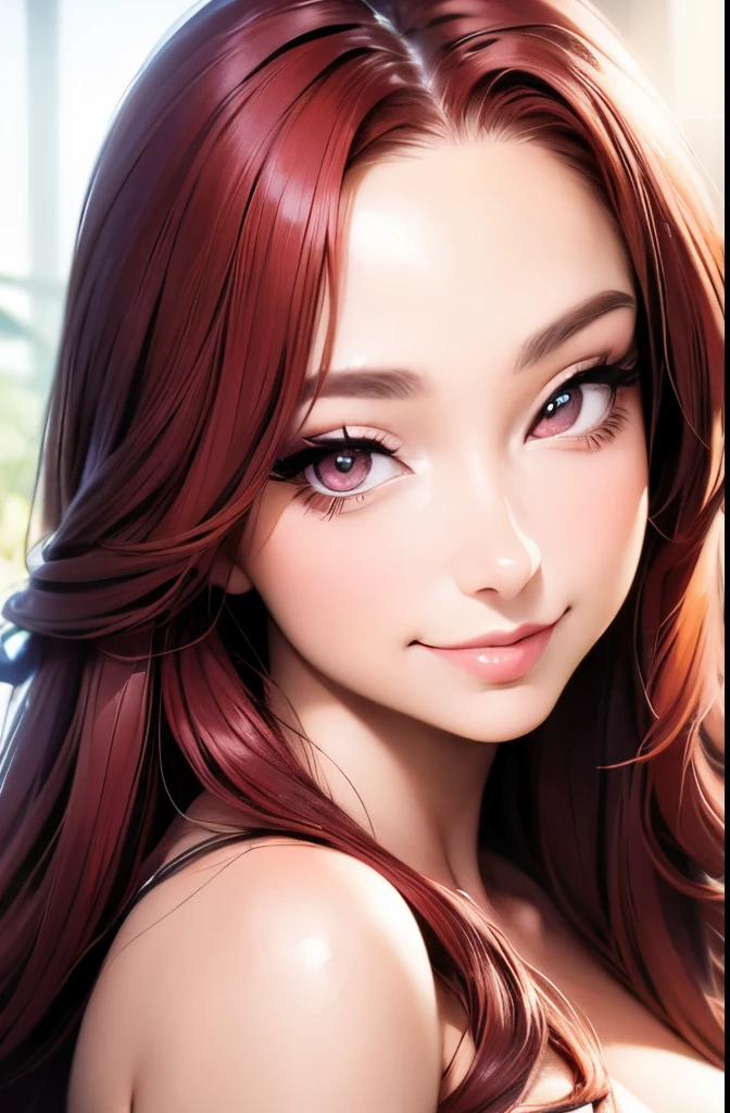 Realistic, a glamour shot of a smiling Asian waifu (extremely long curly red hair), cupping (squeezing) her breast, big ass, leaning toward the viewer, cowgirl pose, with Smokey eyeshadow and knowing smile, heavy eyeshadow and mascara, wearing an evening dress, underboob, side boob, insanely detailed face and eyes, intricate, hyper-detailed bedroom, a romantic evening, digital illustration, masterpiece, beautiful eyes, atmospheric lighting, centered, perfect anatomy, glowing eyes, candid portrait, clear, very detailed, smooth, sharp focus, focused on the viewer