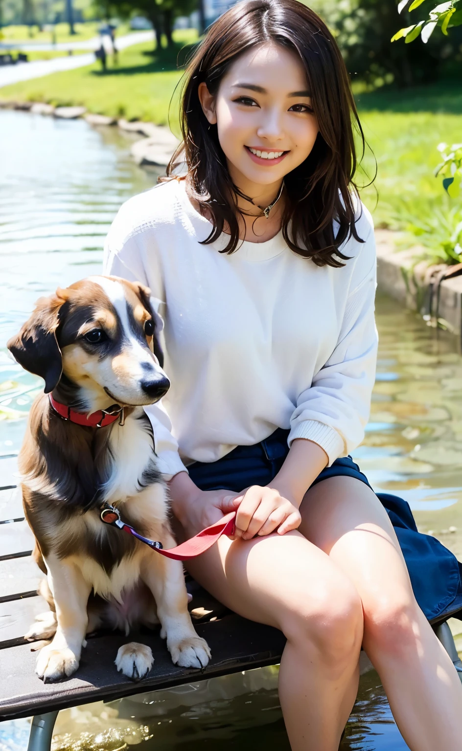 (((Meticulously and realistically depicting limbs based on perfect ???????))),First Person,Highest quality,8k,Realistic,Portraiture,beautifufl detailed eyes,Beautiful décolletage,Long eyelashes,Ulzan 6500,(((A beautiful 20-year-old idol walking in the morning sunlight with her pet white-coated, long-haired miniature dachshund, holding a leash on a sidewalk beside a clear stream.))),(((She is smiling and sitting on the bench with her knees together, petting the dog on her lap, looking so cute.))),Smile and look into your dog&#39;s eyes,A single photograph capturing the essence of the action,A beautiful 20-year-old idol who looks great in necklaces and earrings,(((Wear a sun visor, a tankini, loose linen baggy pants with a check pattern, and sneakers.))),Narrow waist,(Aerial shot of her and her dog),最高の8k画質,Professional perspective,Great details,Ultra-high resolution,Realistic:1.4),Attention to detail,(Nice body with well-toned, perky hips),Amazing beauty condensed into one girl,Beautiful brown hair braided,A delicate, high nose and glossy lips,Beautiful Face,Model-like long limbs and a slim waist,The short hem shows off her beautifully toned ankles, which are accented by her white sneakers.,scene from a movie,Gravure photography,Coke bottle body,Breathtaking beauty,Elegant,graceful pose fluid movements,Light and shadow contrast,particle effects,ふantasy watercolor painting,fluidity,Beauty emanating from the body,Camera parameters,Nikon Z6,F/1.Aperture 4,ISO320,Shutter Speed 1/500,8k highest quality,