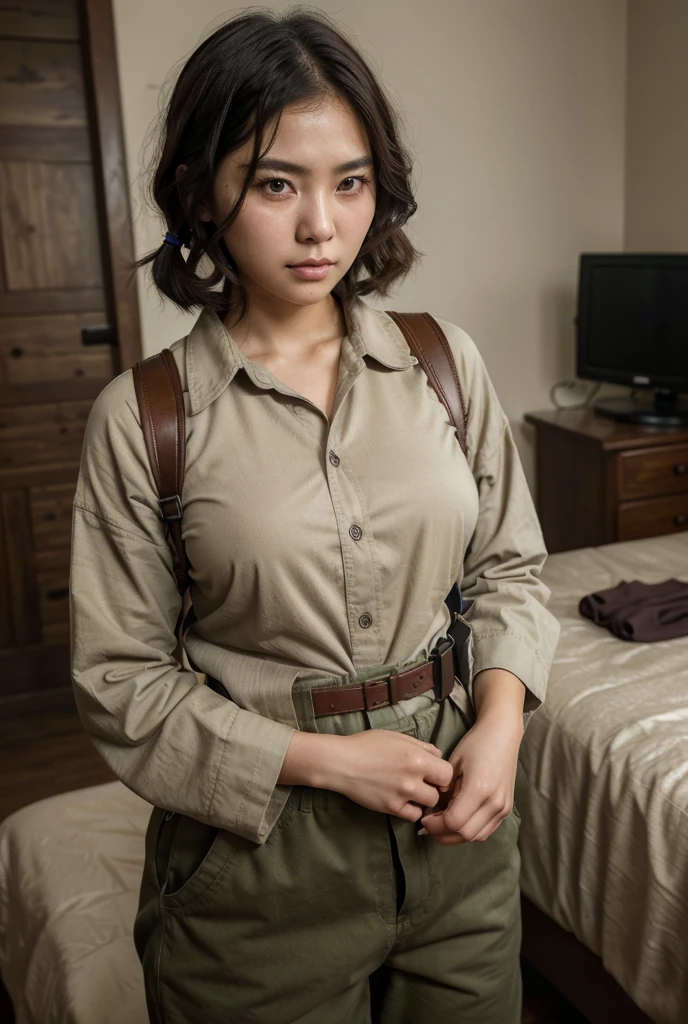1girl, beautiful detailed female north korean woman, young, north korea, korea, east asia, north korean face, voluptuous, curvaceous, short, petite, thicc, thick thighs, , wide hips, natural, natural lashes, no makeup, glistening sweat, teenazang, cute face, thin face, skinny face, thin cheeks, tsundere, annoyed face, angry face, angry brows, frowning, small nose, thin eyes, thin lips, fully clothed, military clothing, baggy clothing, baggy pants, shirt collar, unbuttoned clothes, open shirt, military harness, carrying military gear, rifle strap, wearing magazine pouches, chest binding, bandages, arafed woman, north korean farmer, north korea harvest, north korea rural travel, north korean woman, traditional korea, rural north korea, in bed, makeshift bed, fields, impoverished, disheveled, farmer, farming, messy thick luscious hair, jet black hair, tied short hair, short hair, traditional hairstyle, cute hairstyle, cute haircut, bob cut with pigtails, detailed face, penetrating eyes, beautiful detailed lips, extremely detailed skin, detailed clothing, colorful clothing, (best quality,4k,8k,highres,masterpiece:1.2),ultra-detailed,(realistic,photorealistic,photo-realistic:1.37), natural lighting, warm color tones, cinematic composition