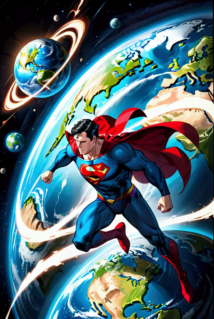 Chaos on earth around the planet earth is behind the planet superman floating