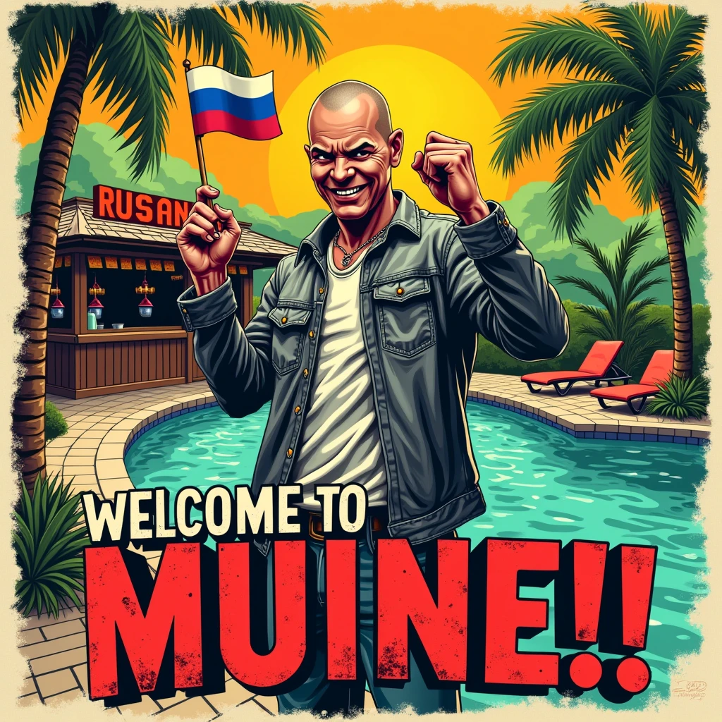 An inkpunk masterpiece with a punk twist, featuring a bold title "WELCOME to MUINE!!!" in a propaganda style font with rustic, worn edges. The title is emblazoned in a curved line and placed prominently in front of a close-up of a man with a shaved head and a mischievous aura. He's dressed in a worn, grey jacket and faded jeans, which adds to his laid-back, carefree vibe. However, his scowling expression and sly, smug smile suggest that there's more to him than meets the eye. He's clutching a miniature Russian flag in his hand, which adds a touch of irony and sarcasm to the design. The man is standing in front of a small, tropical bar in Vietnam, surrounded by a sun-drenched swimming pool. The tropical setting is characterized by vibrant hues of green, brown, and yellow, which mingle with tropical shades of orange, pink, and turquoise. The color palette is inspired by Eastern fusion and pop art, which adds to the design's playful, tongue-in-cheek feel. The overall effect of the design is a rich, saturated color palette that pops against fabric. The distressed, grungy edges and bold, eye-catching elements make it perfect for textile printing. The design exudes a playful, whimsical atmosphere, with a touch of sarcasm and irony. It's a truly unique and eye-catching design that's sure to turn heads.