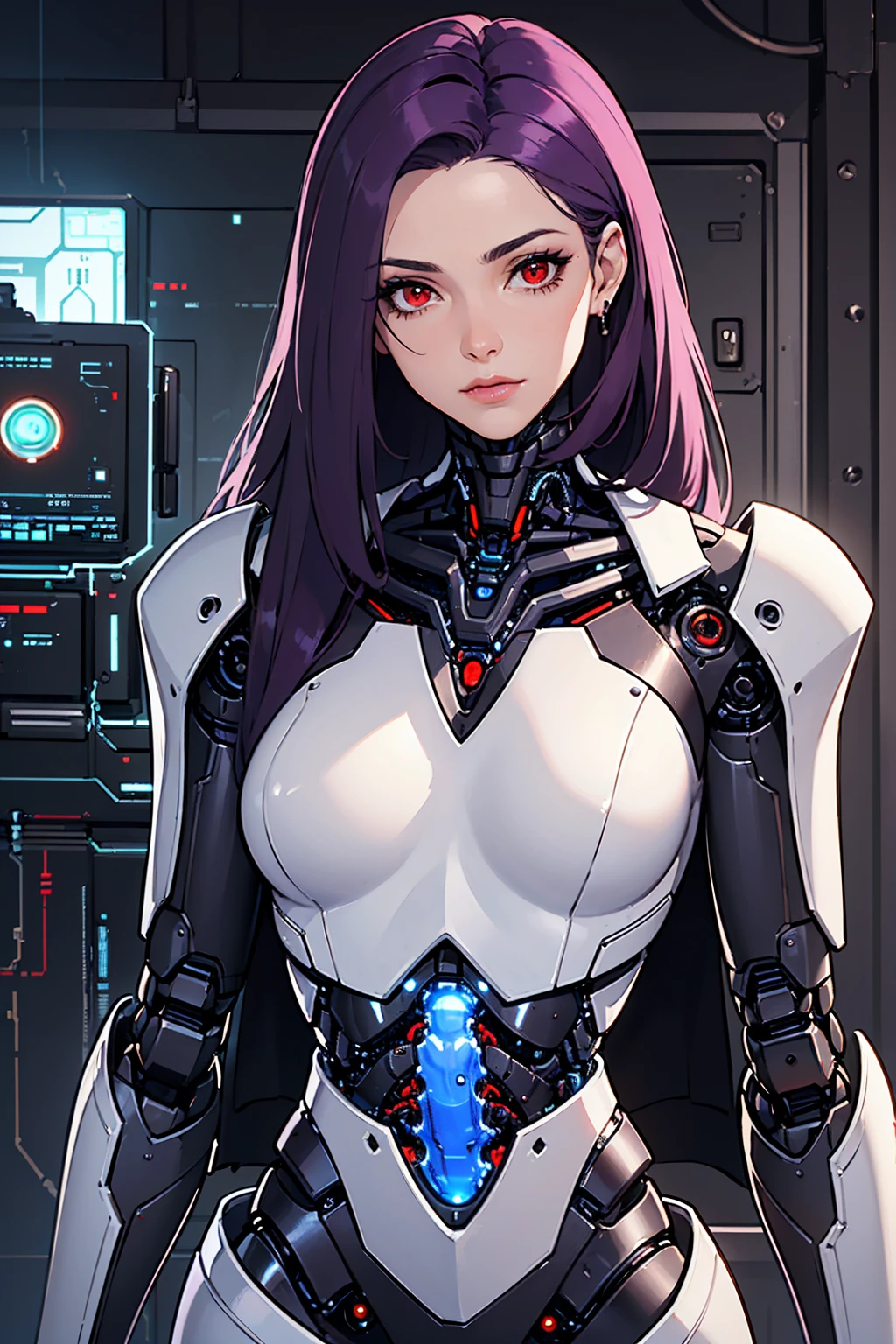 1girl, (masterpiece1.6, perfect face1.6), ((long dark purple hair)), (white skin tone), (((((cybernetic robot red eye, perfect anatomy))))), ((perfection)), small figure, (((shiny skin, realistic skin texture, 90s style))), ((((clockwork style)))), 8k, 4k resolution, highly detailed, (beautiful mature woman1.4, squinted eyes), (((top-half picture))),