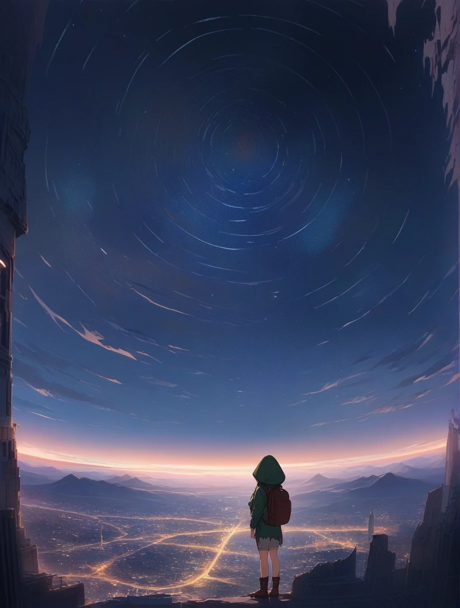 score_9, score_8_up, score_7_up, score_anime, masterpiece, top quality, delicate illustration, sharp lines, sharp focus, BREAK, a traveling girl wandering in the endless night world, the girl wears a hood and has a lot of stuff in her backpack, night , fantastic landscape, beautiful scenery, harmony with nature, spectacular view, space city, (((torn clothes))), (((torn hood))),shorts,boots