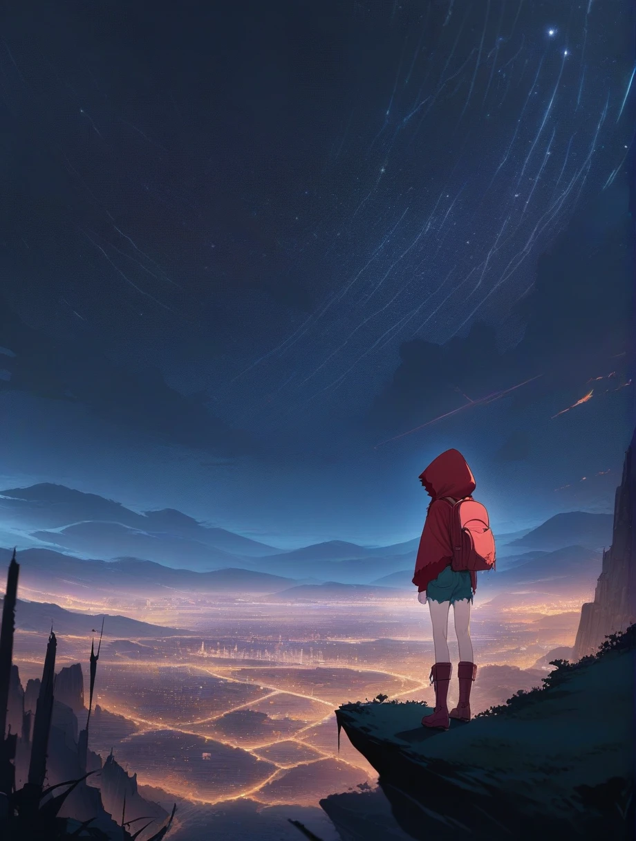 score_9, score_8_up, score_7_up, score_anime, masterpiece, top quality, delicate illustration, sharp lines, sharp focus, BREAK, a traveling girl wandering in the endless night world, the girl wears a hood and has a lot of stuff in her backpack, night , fantastic landscape, beautiful scenery, harmony with nature, spectacular view, space city, (((torn clothes))), (((torn hood))),shorts,boots