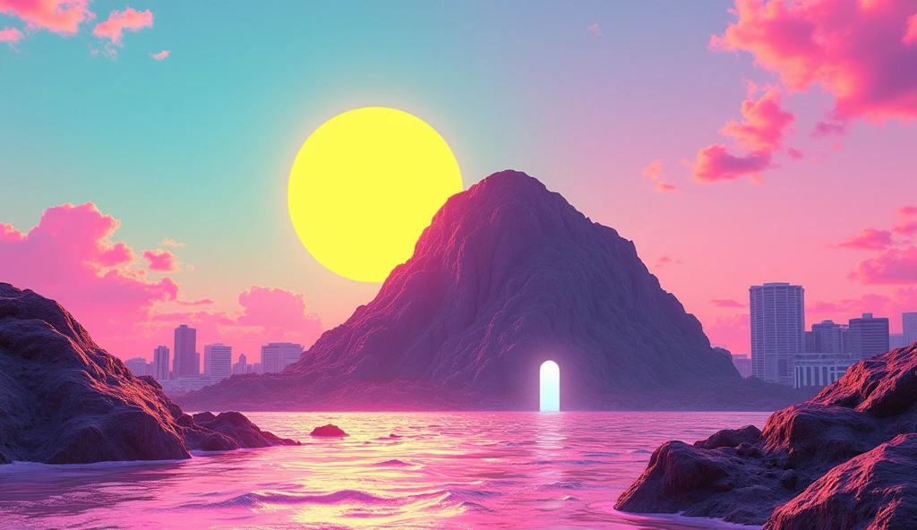 Vice City GTA, pink, blue and yellow clear sky with a yellow sun, retro sky, clear sky, few clouds, There is a very wide and round rocky mountain in the background with a very small white shining entrance in the middle, fat mountain with a round tip, the mountain is shaped like a semi circle