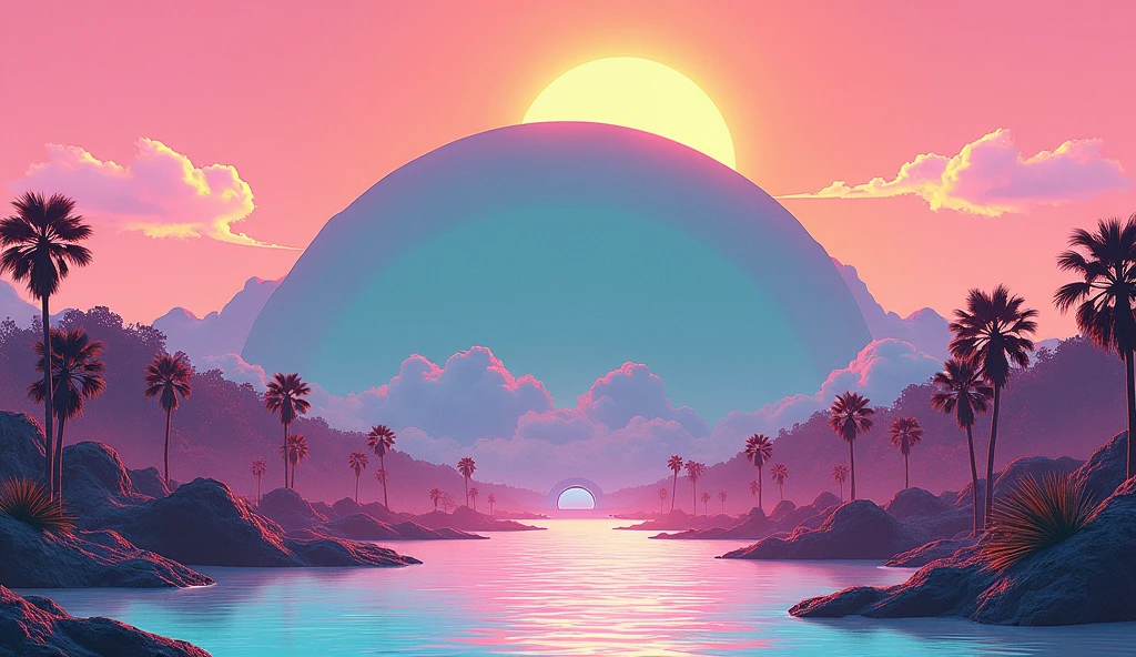Vice City GTA, pink, blue and yellow clear sky with a yellow sun, retro sky, clear sky, few clouds, There is a very wide and round rocky mountain in the background with a very small white shining entrance in the middle, fat mountain with a round tip, the mountain is shaped like a semi circle
