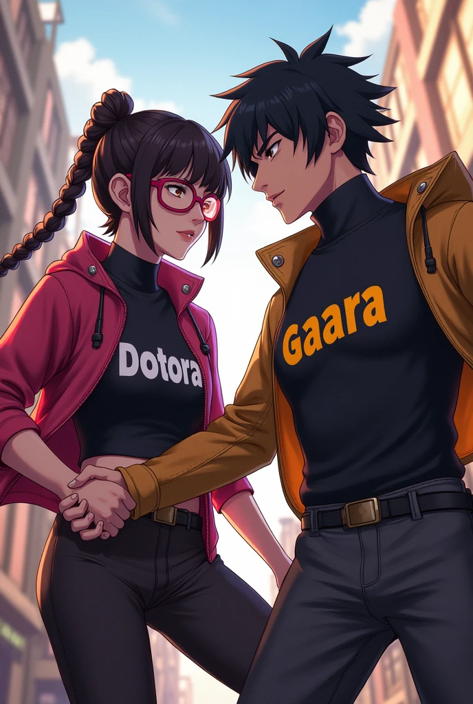 2 male and female characters in the free fire game style, the female character with braided hair and pink glasses with a turtleneck shirt with the name written DOTORA and the male character with the name written on the turtleneck shirt GAARA