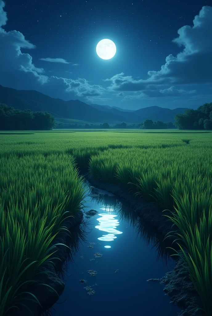 Rice field reflected in the moonlight of the night sky. Let&#39;s add some realism and make the rice stand out a bit more.