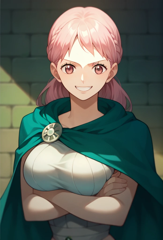 1girl, Solo, rebecca, anime style, pink hair, pink eyes, cape, large breasts, long hair, smile, long cape, wrap the cape around herself, cape covering, cape under her arms 