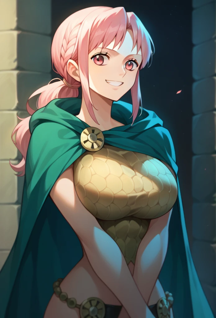 1girl, Solo, rebecca, anime style, pink hair, pink eyes, cape, large breasts, long hair, smile, long cape, wrap the cape around herself, cape covering, cape under her arms 