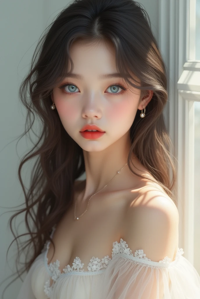 A very white girl with red cheeks, light blue eyes, white eyelashes, red lips, a beautiful body, and very long white hair.
