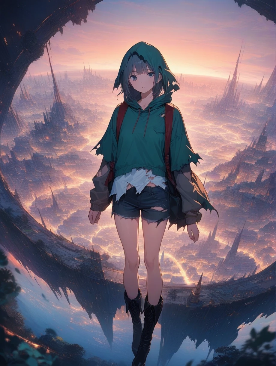 score_9, score_8_up, score_7_up, score_anime, masterpiece, top quality, delicate illustration, sharp lines, sharp focus, BREAK, a traveling girl wandering in the endless night world, the girl wears a hood and has a lot of stuff in her backpack, night , fantastic landscape, beautiful scenery, harmony with nature, spectacular view, futuristic city, (((torn clothes))), (((torn hood))),shorts,boots