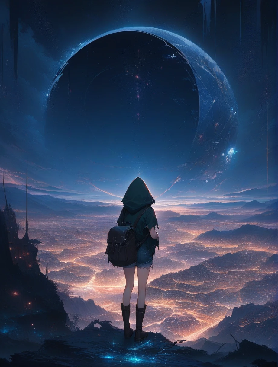 score_9, score_8_up, score_7_up, score_anime, masterpiece, top quality, delicate illustration, sharp lines, sharp focus, BREAK, a traveling girl wandering in the endless night world, the girl wears a hood and has a lot of stuff in her backpack, night , fantastic landscape, beautiful scenery, harmony with nature, spectacular view, futuristic city, (((torn clothes))), (((torn hood))),shorts,boots