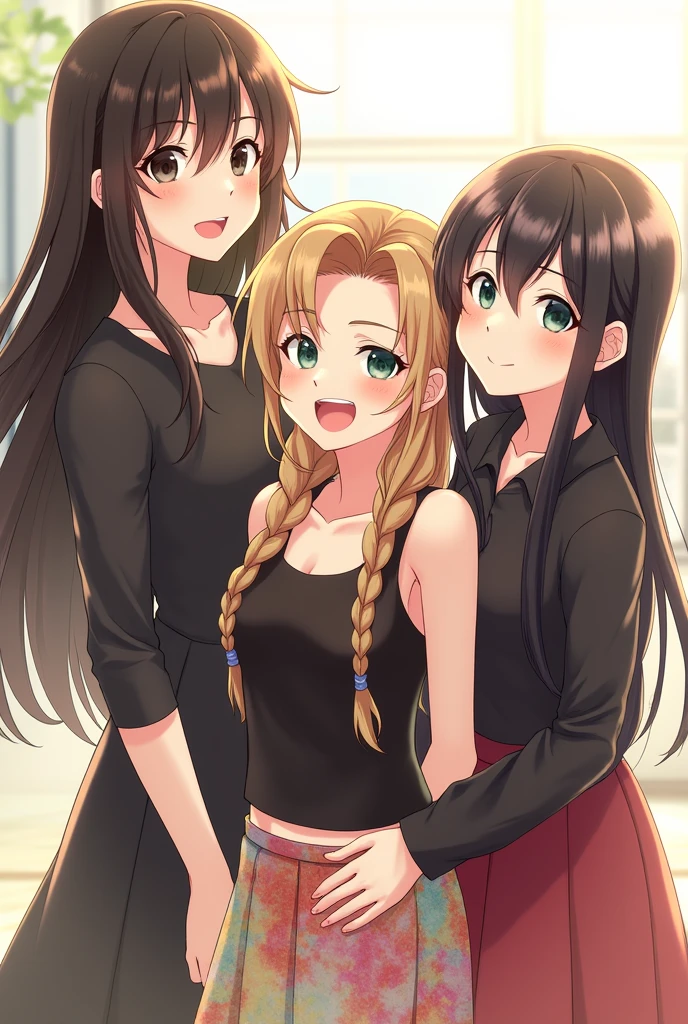 I want an AI image of three girls:

The first girl, left side, has very long dark brown hair that is wavy at the ends, black eye, and it&#39;s tall, wears a black dress. She is brunette. happy expression.

The second girl, middle, has very long straight light brown hair and green eyes, is of average height and wears a black crop top with a colorful skirt. happy expression.

The third , right side, has medium straight black hair with bangs, black eyes and is short. She is Asian and wears a black blouse.. happy expression.i’m 