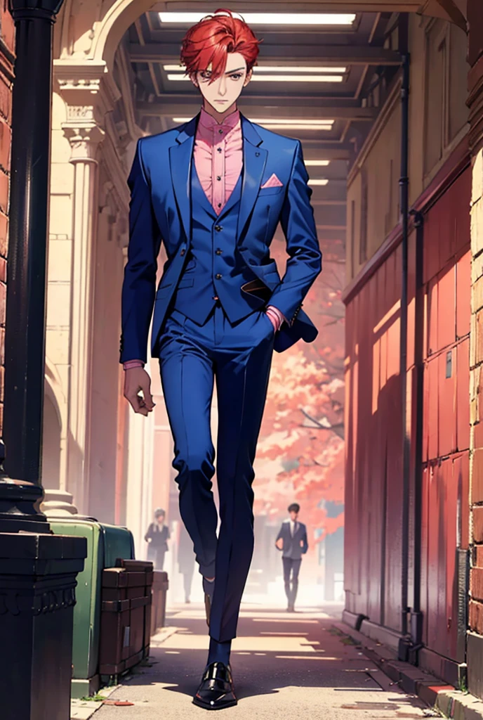 imagine the full body of a handsome slim 1 boy with short tousled red hair, azure eyes and wearing a sexy pink suit with trousers until his ankle standing alone