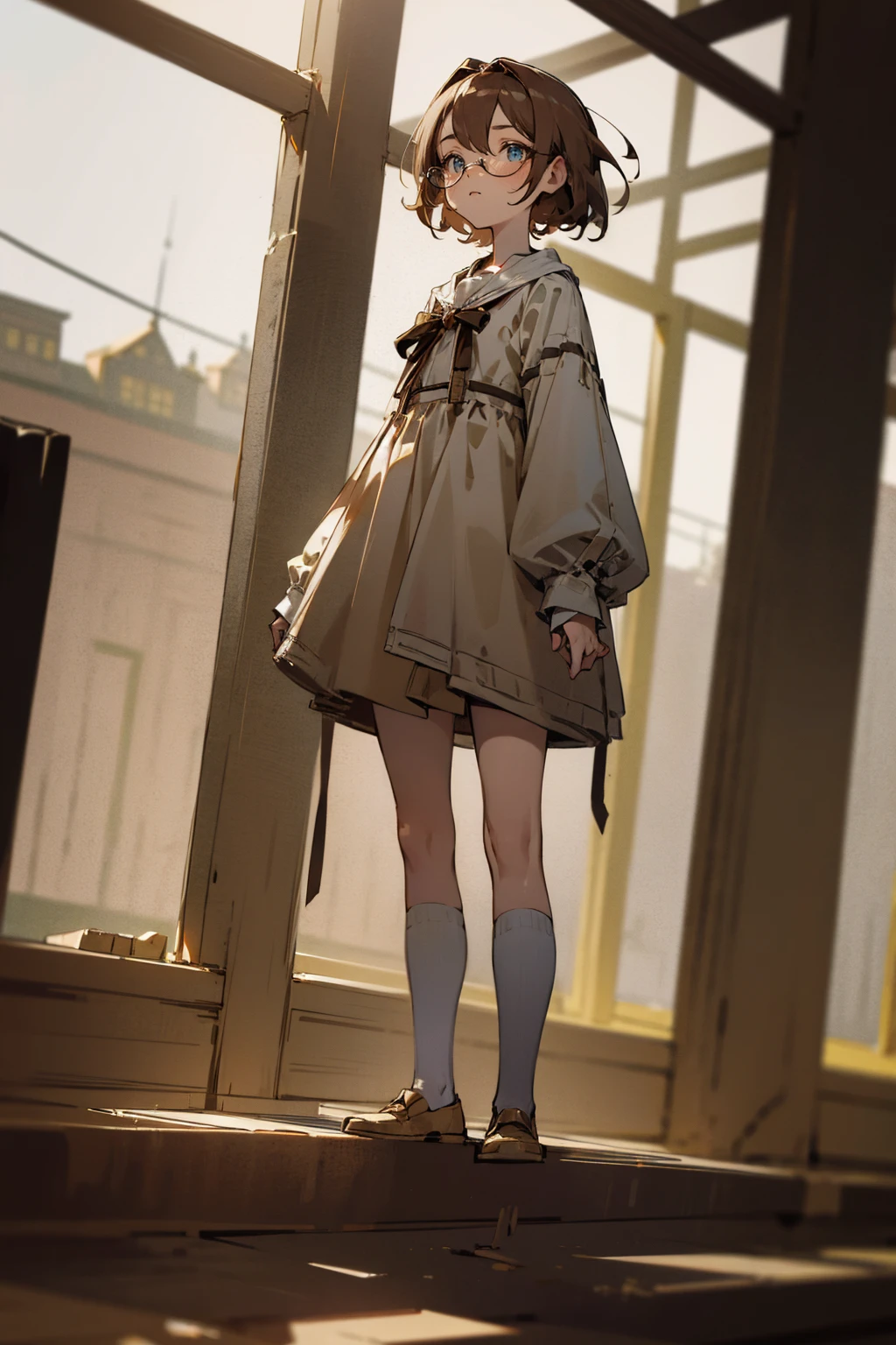Masterpiece Quality, Perfect Generation, Sclera, Detailed Eyes, Skin, , , Normal Clothing, Random Expression, , House Background, Full Body, Clothed, Hair Tie, Mad, Standing, strong, , eyes, , , standing, , , , Inside building, wearing glasses, brown short hair, female