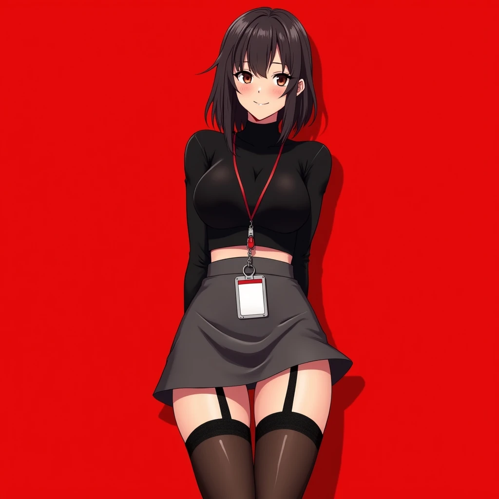 1girl,solo,red background,,ruanyi0897,black thighhighs,garter straps,turtleneck,id card,lanyard,grey skirt,crop top,black sleeveless sweater,long skirt,score_9, score_8_up, score_7_up, score_6_up, score_9, score_8_up, score_7_up, score_6_up source_anime, blush, 1girl, seduce smile, perfect body , natural huge breasts
