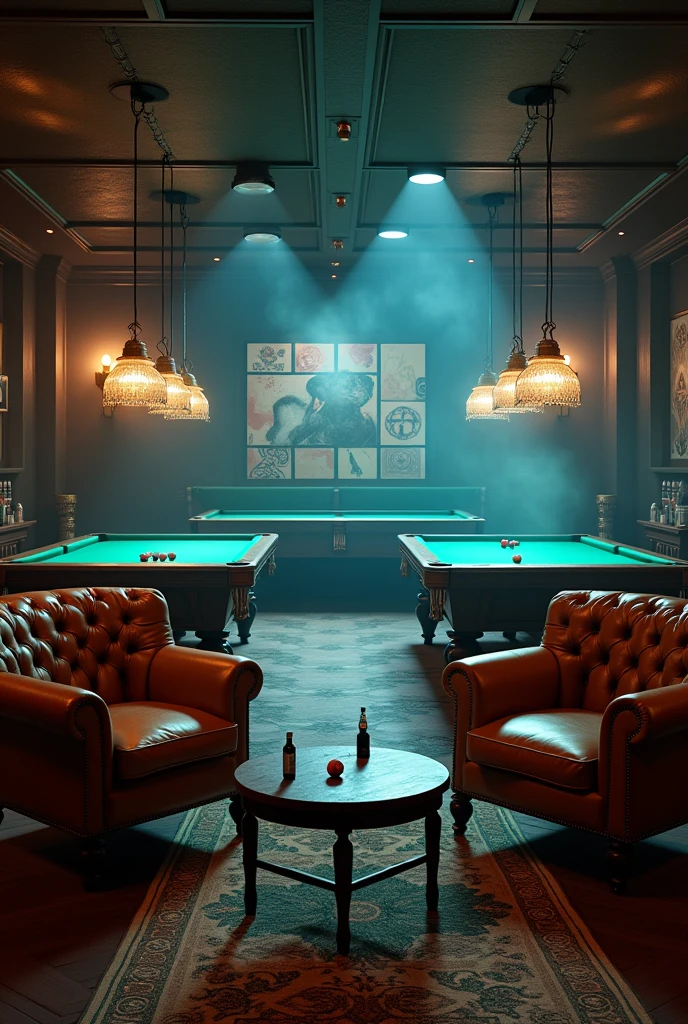 Create a game room. With a giant space. With two pool tables, with the cue and the pool balls. Three black armchairs. With drinks and bottles of drinks. With light cigarette smoke in the air. Cool lighting. With stylish decoration.