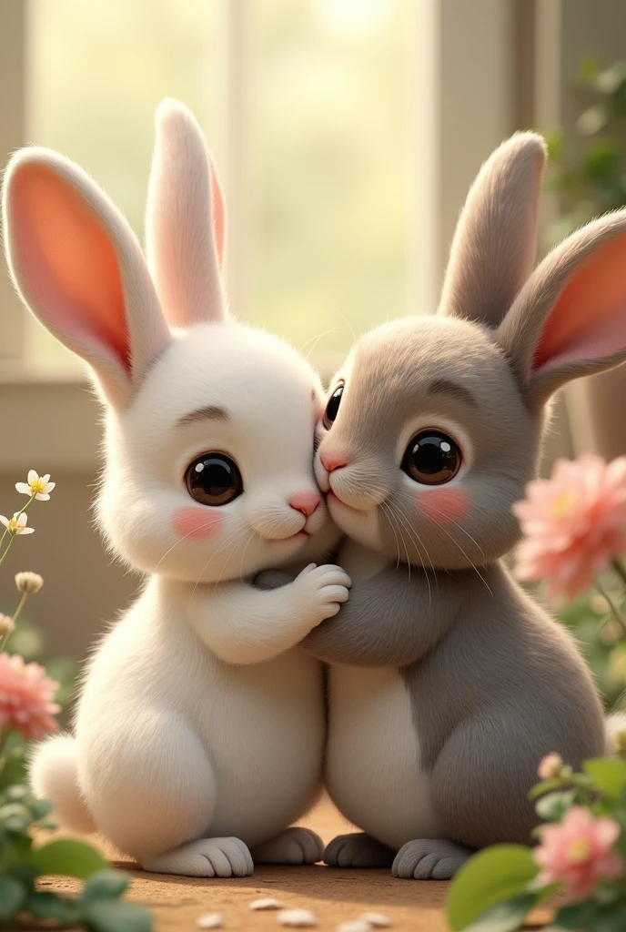 Bunnies hug each other