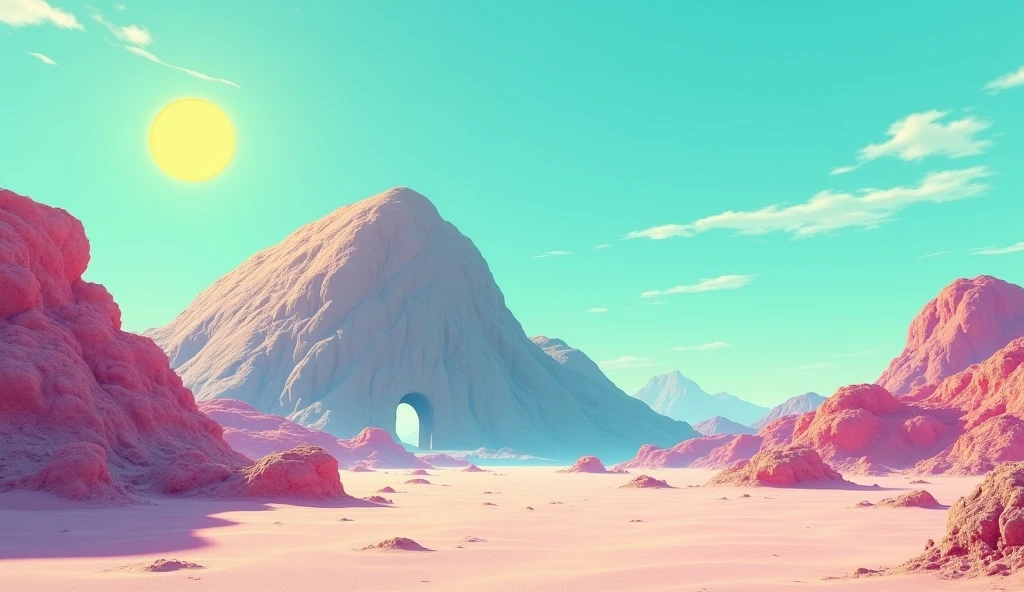 Vice City GTA, pink, blue and yellow clear sky with a yellow sun, retro sky, clear sky, few clouds, There is a very wide and round rocky mountain in the background with a very small white entrance in the middle, fat mountain with a round tip, the mountain is shaped like a semi circle
