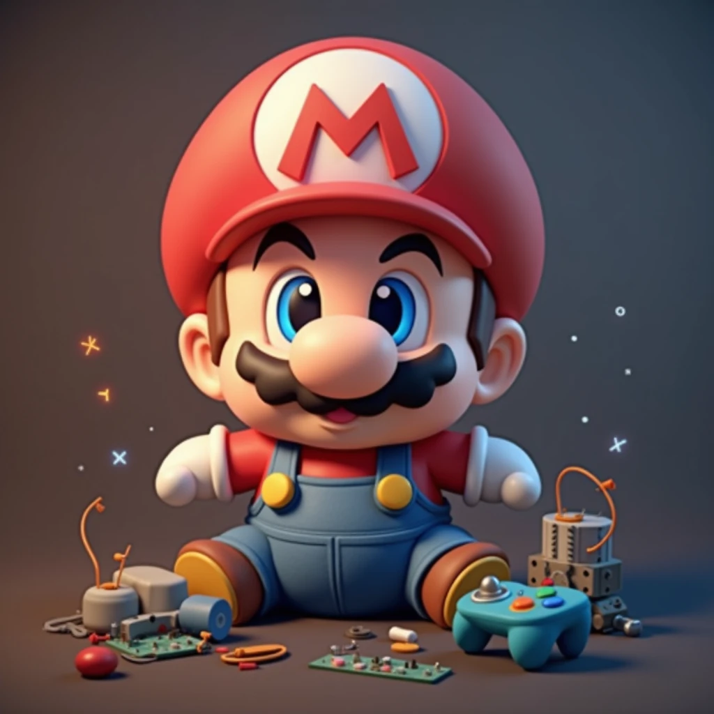 super mario , , happy, with toys in his room, computer circuits