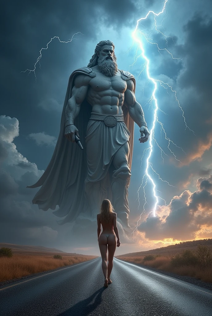 ((work of art)),(best qualityer)),greek style,in the universe,A huge statue of the god Thor stands in space,Look to the camera,Thor standing,Zeus holding a thunderbolt in his right hand, glimmering,glow effect,fully naked blonde woman with big ass on the road,Hyper-Realism,hyperphotorealism,real photography,8k,High definition,high qualiy,work of art,very well, (((offwhite))),Discoloration,blurring,inking,8k,very well,high qualiy,(((oc renderer)))