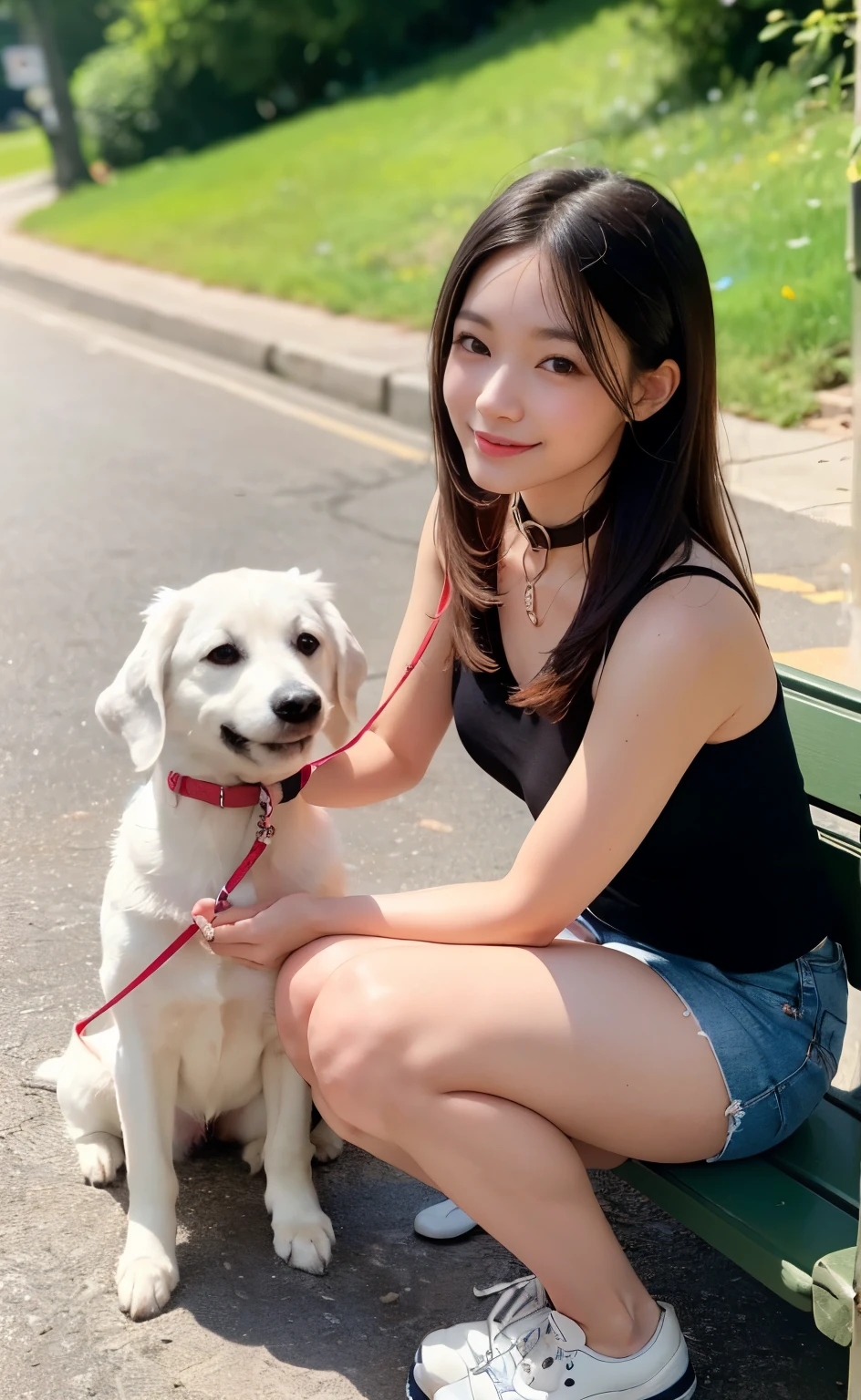 (((Meticulously and realistically depicting limbs based on perfect anatomy))),First Person,Highest quality,8k,Realistic,Portraiture,beautifufl detailed eyes,Beautiful décolletage,Long eyelashes,Ulzan 6500,(((A beautiful 20-year-old idol walking in the morning sunlight with her pet white-coated, long-haired miniature dachshund, holding a leash on a sidewalk beside a clear stream.))),(((She is smiling and sitting on the bench with her knees together, petting the dog on her lap, looking so cute.))),Smile and look into your dog's eyes,A single photograph capturing the essence of the action,A beautiful 20-year-old idol who looks great in necklaces and earrings,(((Wear a sun visor, tankini, and a loose linen pleated skirt with checkered pattern and sneakers.))),Narrow waist,(Aerial shot of her and her dog),最高の8k画質,Professional perspective,Great details,Ultra-high resolution,Realistic:1.4),Attention to detail,(Nice body with well-toned, perky hips),Amazing beauty condensed into one girl,Beautiful brown hair braided,A delicate, high nose and glossy lips,Beautiful Face,Model-like long limbs and a slim waist,The short hem shows off her beautifully toned ankles, which are accented by her white sneakers.,scene from a movie,Gravure photography,Coke bottle body,Breathtaking beauty,Elegant,graceful pose fluid movements,Light and shadow contrast,particle effects,fantasy watercolor painting,fluidity,Beauty emanating from the body,Camera parameters,Nikon Z6,F/1.Aperture 4,ISO320,Shutter Speed 1/500,8k highest quality,