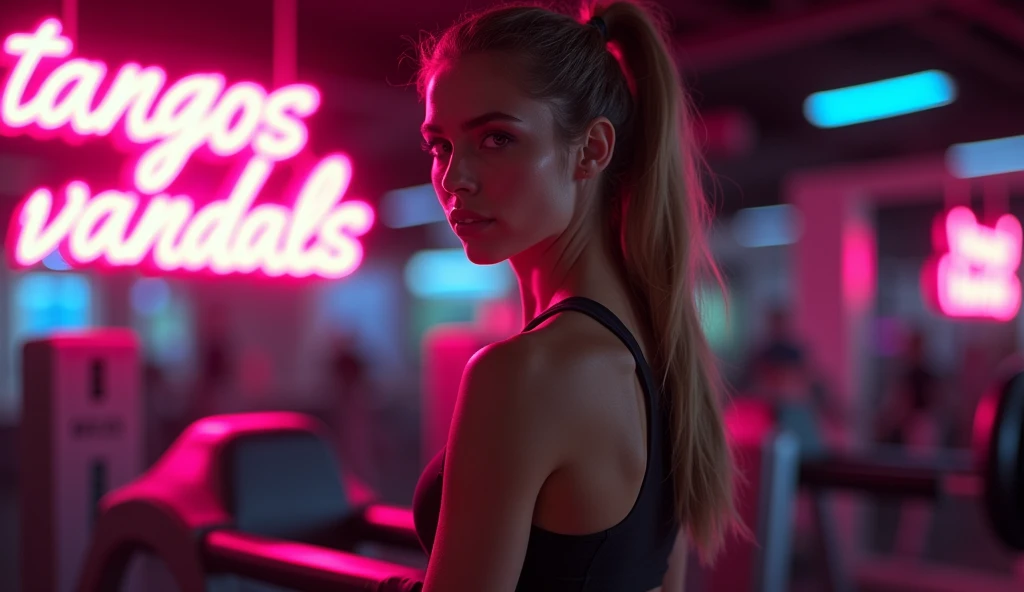 create an image for the best music for exercise, It shows a sensual face of a very sexy and fitness woman in a gym with lights and a neon sign that says "Tangos Vandals".
