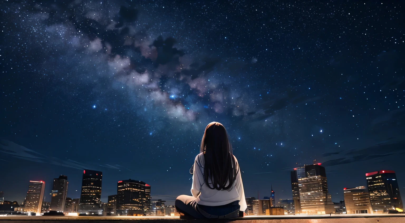 octans, sky, star (sky), scenery, starry sky, night, 1girl, night sky, solo, outdoors, building, cloud, milky way, sitting, tree, long hair, city, silhouette, cityscape