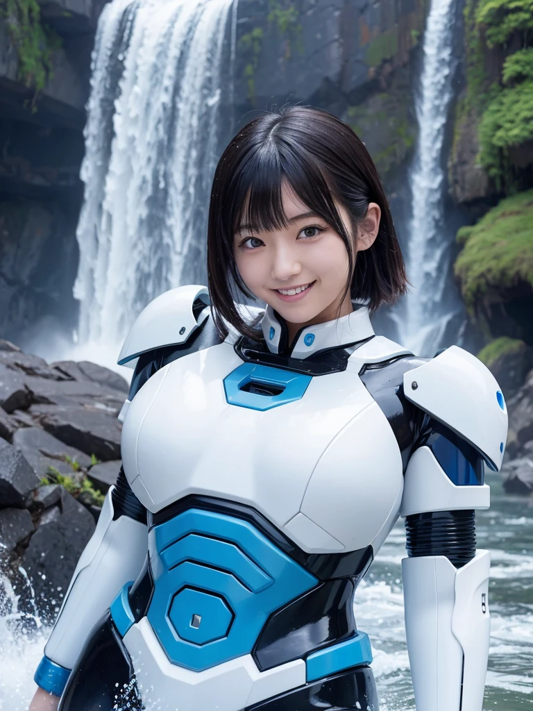 Japanese female android,Black Hair,White and blue robot suit,Plump,Being splashed under a waterfall,smile,