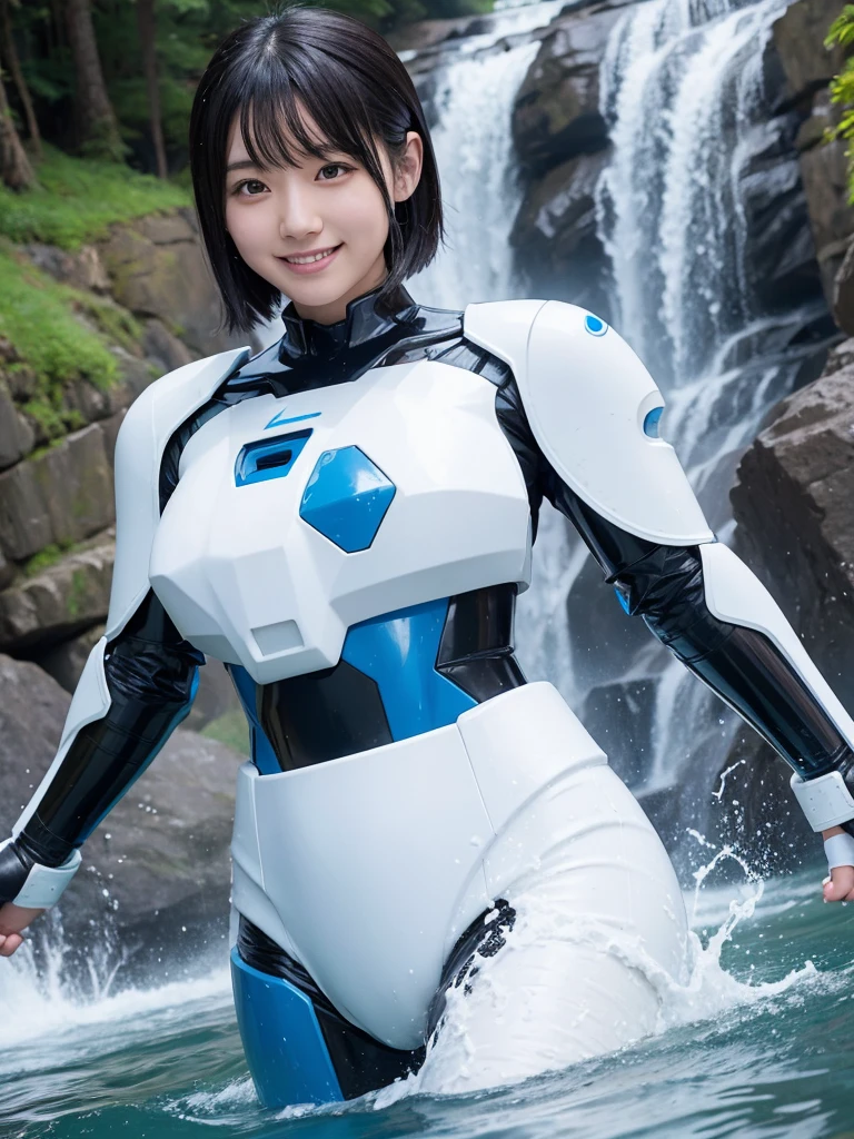 Japanese female android,Black Hair,White and blue robot suit,Plump,Being splashed under a waterfall,smile,