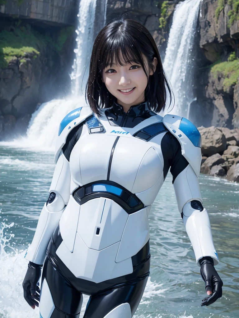 Japanese female android,Black Hair,White and blue robot suit,Plump,Being splashed under a waterfall,smile,