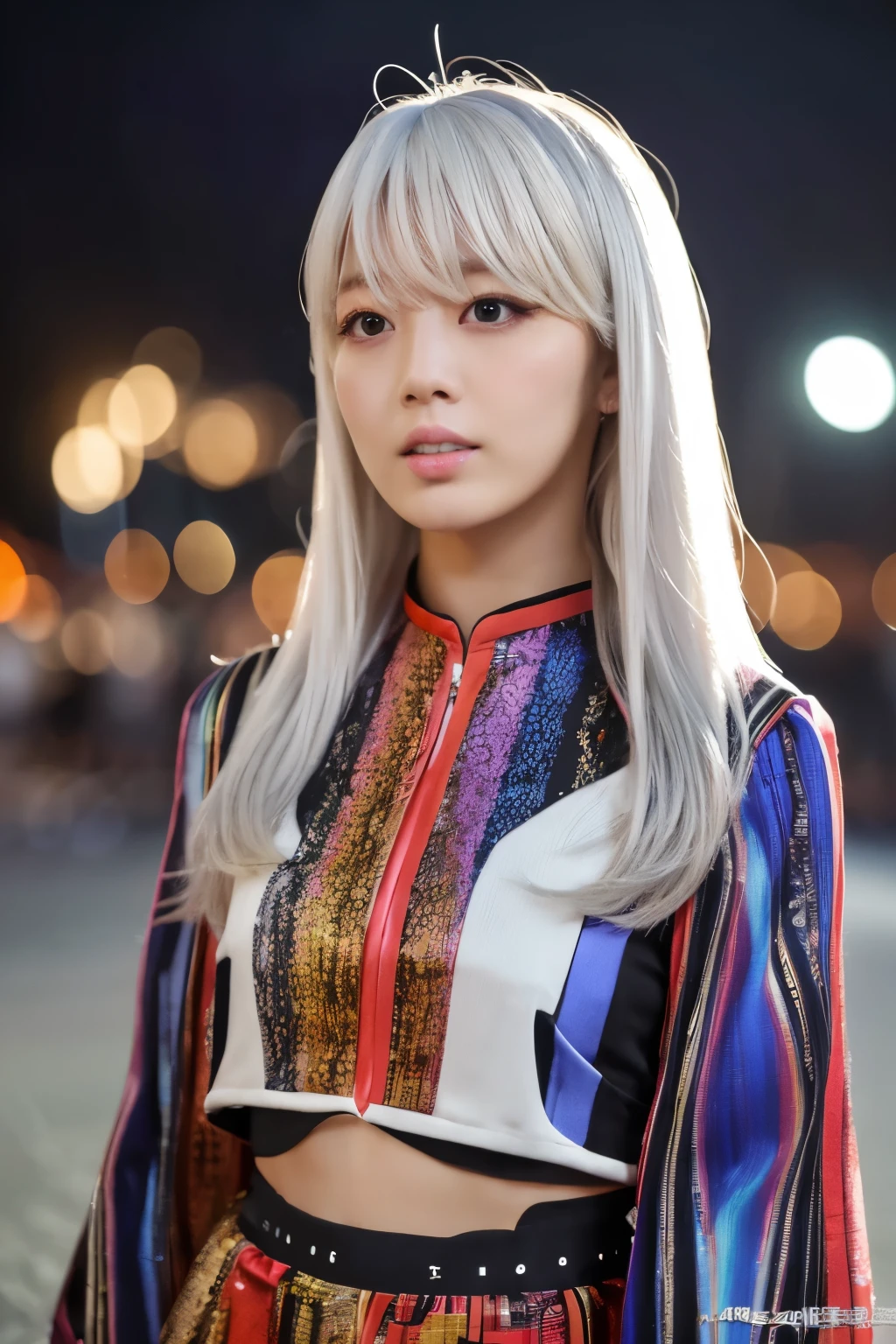 Masterpiece, high quality, high resolution, 8K, (solo:1.2), ((1girl)), Japanese woman, detailed face, detailed eyes, correct body structure, upper body, ((White hair:1.2)), very long hair, messy hair, slender body, seductive silhouette, luminous bones, depth of field, dark photo at nighttime, dimly lit, bangs, Cinematic Lighting, Tyndall effect, abstract background, futuristic outfits, vibrant colors, modern style, wide sleeves, artistic, unique patterns, colorful, stylish, trendy