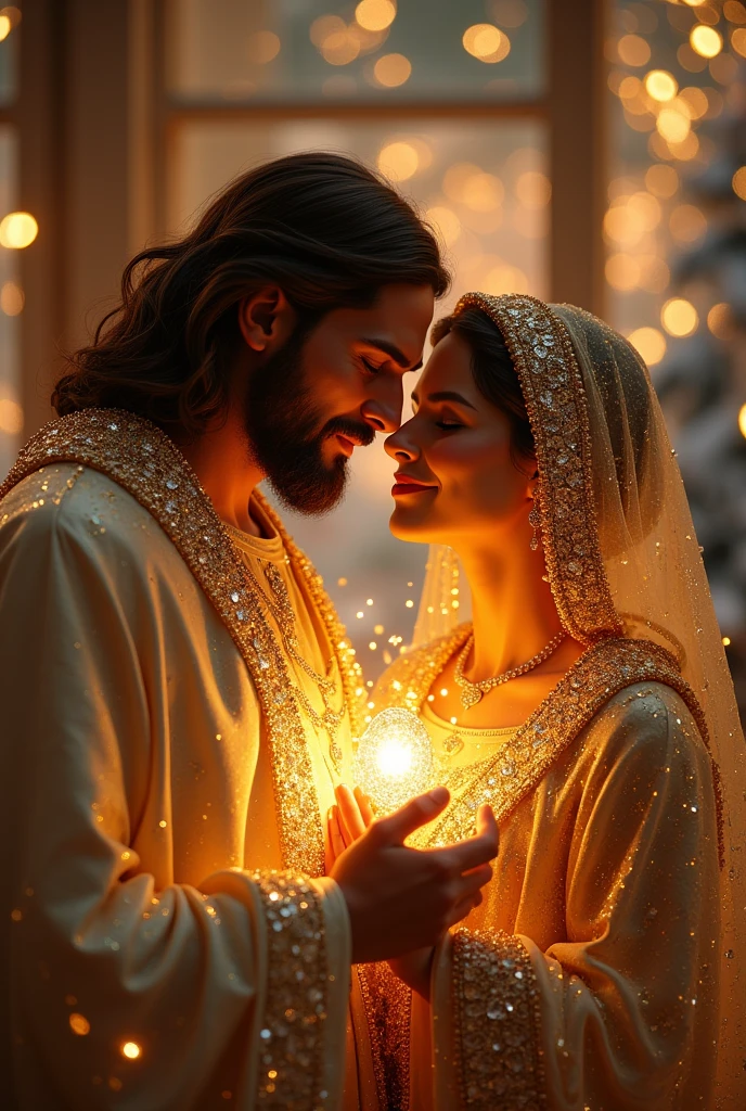 (photorealism:1.2), a handsome Jesus Christ and a beautiful virgin Mary, celebrating Christmas, wearing the elegant color gold clothes sorrounded of many diamonds, the light in their heads and hearts sparkling all over, beautiful clothes, very nice hair, outdoors, soft light in the evening, fireworks and Christmas decorations in the background, evening with Christmas light, cozy Christmas, relaxed pose, realistic, intricate details, warm colors,