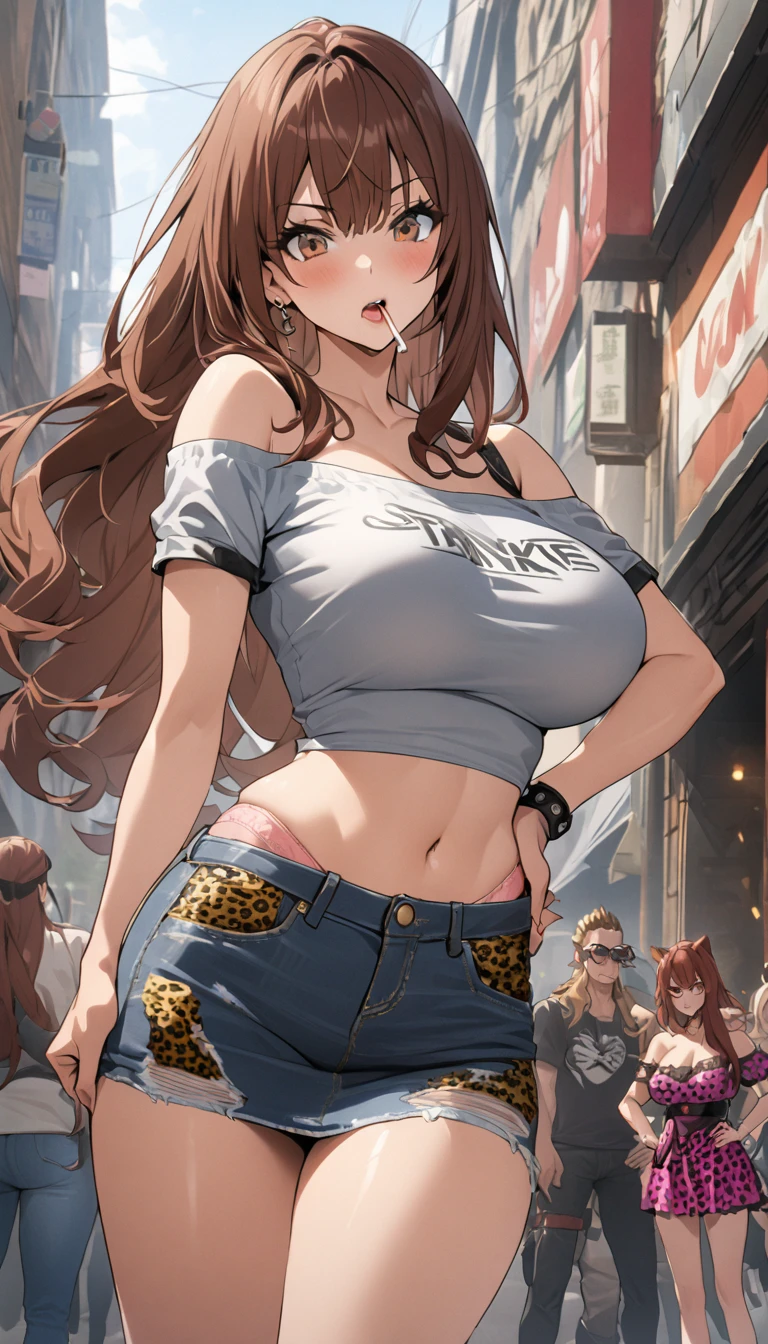 Ultra-high definition image quality、beautiful girl、Yankee Girl、Reddish brown hair、Disheveled long hair、Gal、Busy Street、Off-the-shoulder T-shirt、Tight denim skirt、Very short denim skirt、4K quality、Highest quality, Big Ass、Thighs、Big Breasts、High cut boots、Glare、Put your hands on your hips、intimidating face、Put a cigarette in your mouth、Cigarette smoke、Punk Fashion、Yankee sitting、Pink panties with panties with leopard print