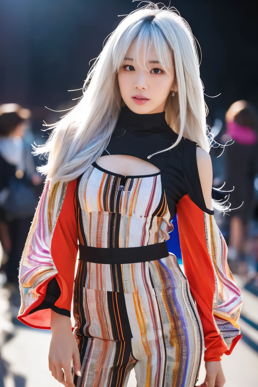 Masterpiece, high quality, high resolution, 8K, (solo:1.2), ((1girl)), Japanese woman, detailed face, detailed eyes, correct body structure, upper body, ((White hair:1.2)), very long hair, messy hair, slender body, seductive silhouette, luminous bones, depth of field, dark photo at nighttime, dimly lit, bangs, Cinematic Lighting, Tyndall effect, abstract background, futuristic outfits, vibrant colors, modern style, wide sleeves, artistic, unique patterns, colorful, stylish, trendy