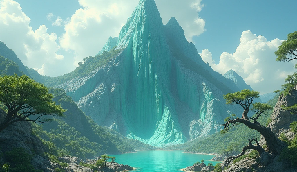 There is a high mountain，Half of the mountain is smooth jade，The other half is covered with strange-shaped trees.（best quality，4K，8k，High level，masterpiece：1.2），Ultra Detailed，（lifelike，Photo real，Photo real：1.37）