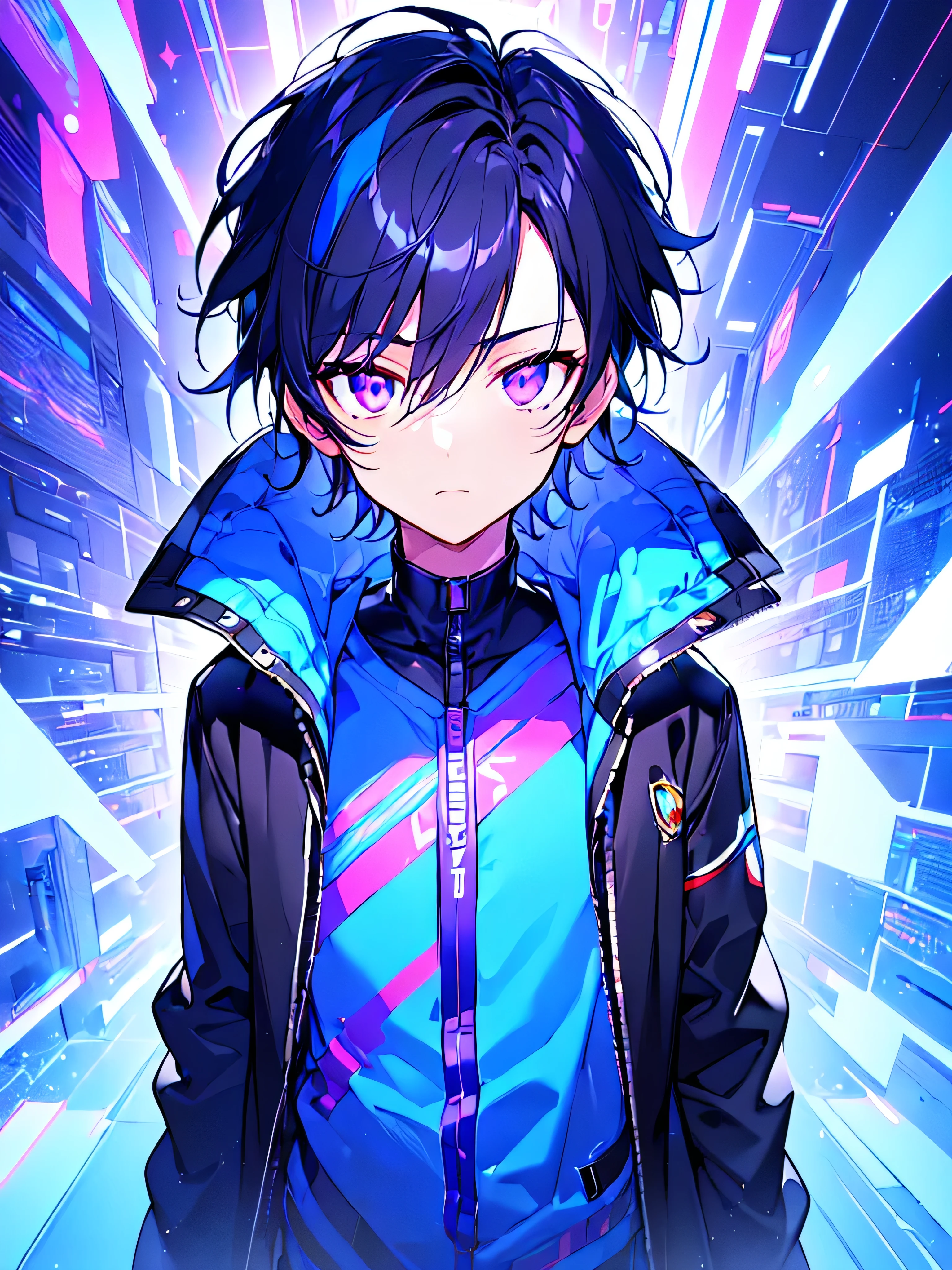 [(Cyber CITY BACKGROUND:1.5),::5], ((((masterpiece)))), high quality, ultra very high resolution, full color, (((solo))), (((little boy))), men's black hair, ((blue color streaked hair)), ((purple eyes)), anime, ((upper body)), neon light, black parka, 