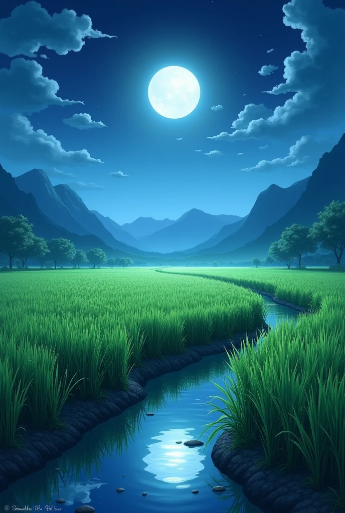 Rice field reflected in the moonlight of the night sky. Let's add some realism. Make the rice stand out a bit more. Make something similar to this.