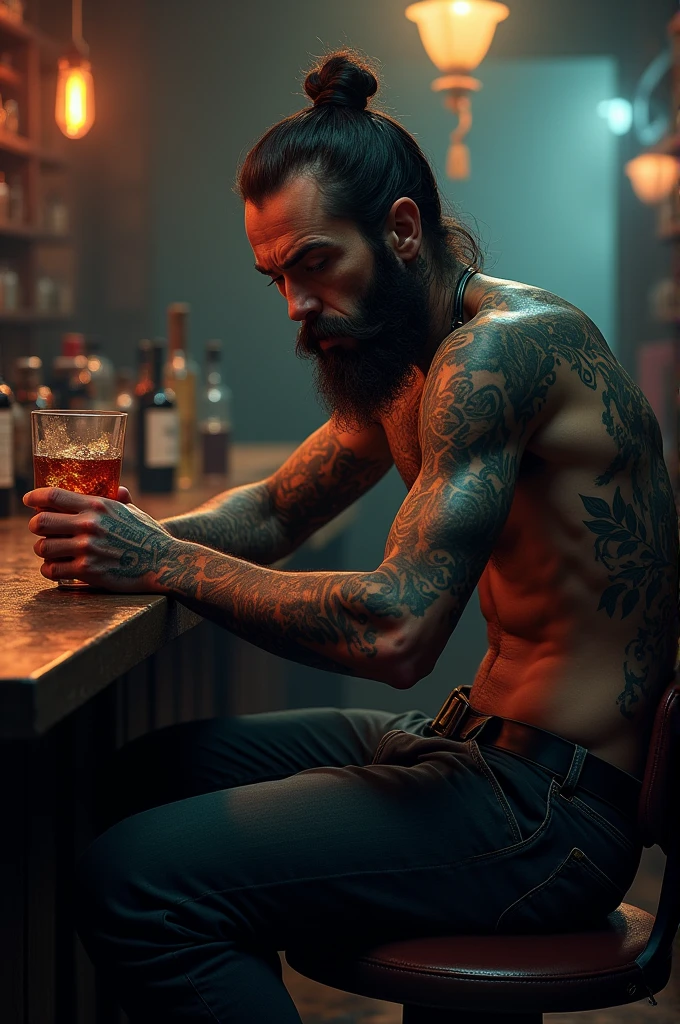Create an image of a tattooed person in a bar drinking alcohol