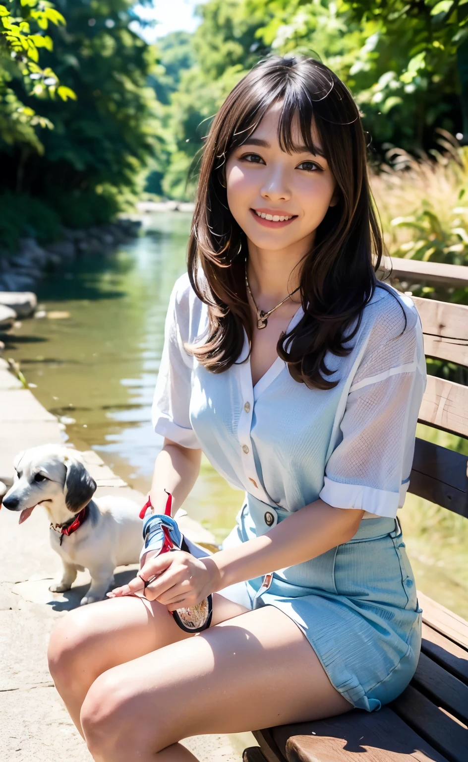 (((Meticulously and realistically depicting limbs based on perfect anatomy))),First Person,Highest quality,8k,Realistic,Portraiture,beautifufl detailed eyes,Beautiful décolletage,Long eyelashes,Ulzan 6500,(((A beautiful 20-year-old idol walking in the morning sunlight with her pet white-coated, long-haired miniature dachshund, holding a leash on a sidewalk beside a clear stream.))),(((She is smiling and sitting on the bench with her knees together, petting the dog on her lap, looking so cute.))),Smile and look into your dog's eyes,A single photograph capturing the essence of the action,A beautiful 20-year-old idol who looks great in necklaces and earrings,(((Wear a sun visor, a tankini, loose linen baggy pants with a check pattern, and sneakers.))),Narrow waist,(Aerial shot of her and her dog),最高の8k画質,Professional perspective,Great details,Ultra-high resolution,Realistic:1.4),Attention to detail,(Nice body with well-toned, perky hips),Amazing beauty condensed into one girl,Beautiful brown hair braided,A delicate, high nose and glossy lips,Beautiful Face,Model-like long limbs and a slim waist,The short hem shows off her beautifully toned ankles, which are accented by her white sneakers.,scene from a movie,Gravure photography,Coke bottle body,Breathtaking beauty,Elegant,graceful pose fluid movements,Light and shadow contrast,particle effects,ふantasy watercolor painting,fluidity,Beauty emanating from the body,Camera parameters,Nikon Z6,F/1.Aperture 4,ISO320,Shutter Speed 1/500,8k highest quality,